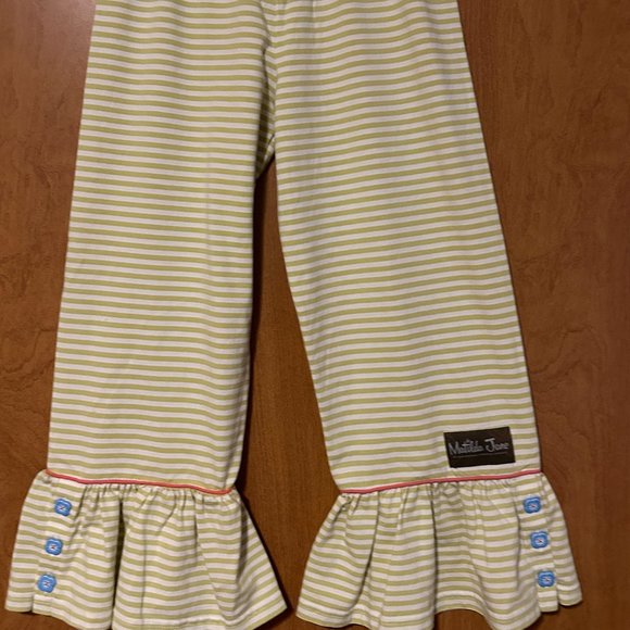 MATILDA JANE Sz 8 Lime Green and White Stripes with Button Ruffle Hems - Picture 3 of 9